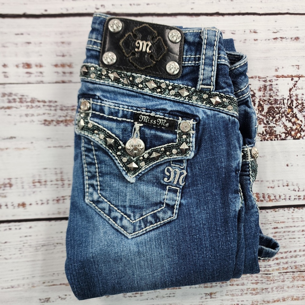 Miss Me Girls Skinny Jeans 8 Dark Wash Flap Pocket Bling Rhinestone JK7618S2